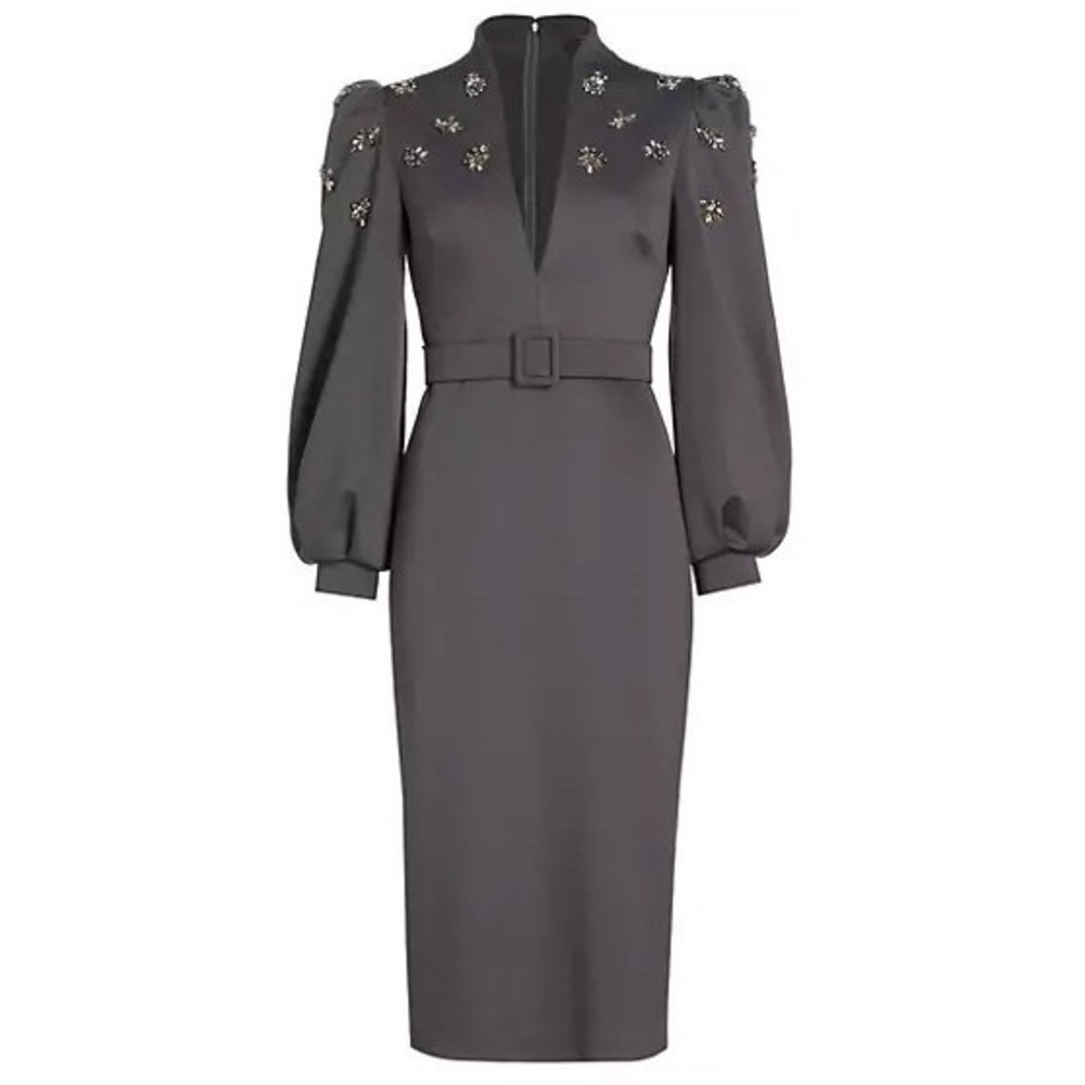 $550 Badgley Mischka Rhinestone Embellished Black Puff Sleeve Belted Dress 8 NWT